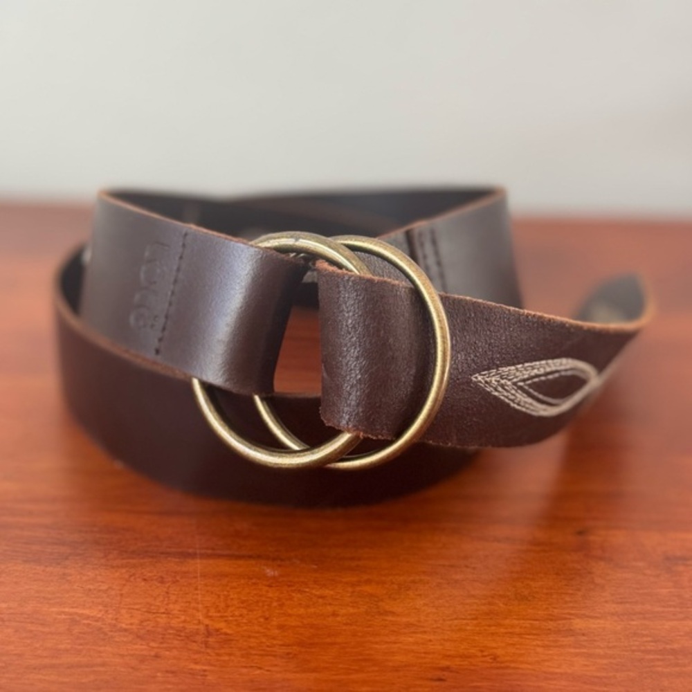 Embroidered Brown Leather Belt with Gold Buckle